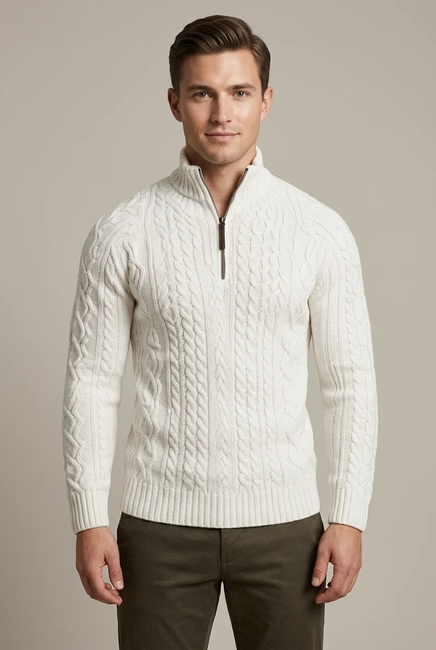 Pull Homme à Col Zippé – Tricot Torsadé Épais