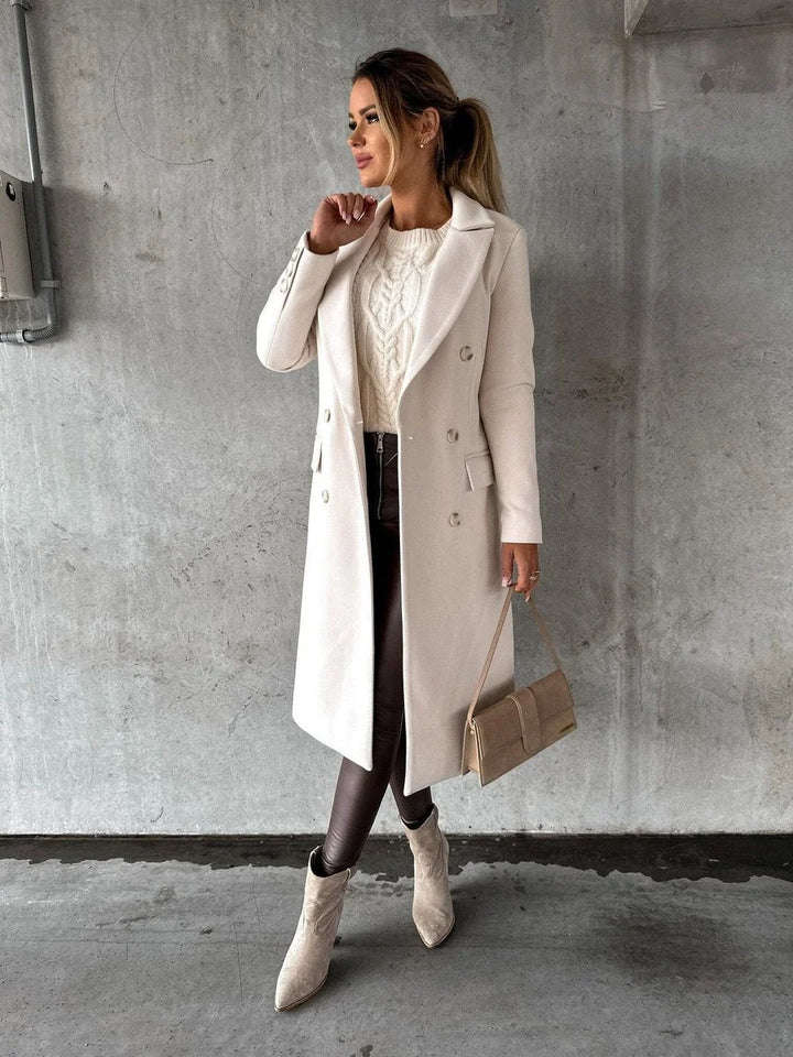 Manteau Long Femme – Coupe Droite Structurée à Double Boutonnage