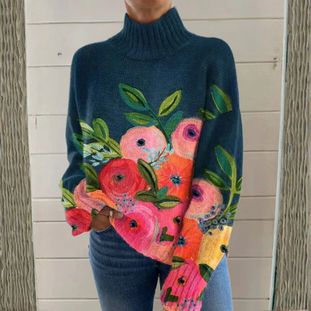 Damen-Rollkragenpullover – Lockere Passform mit 3D-Blumenmuster
