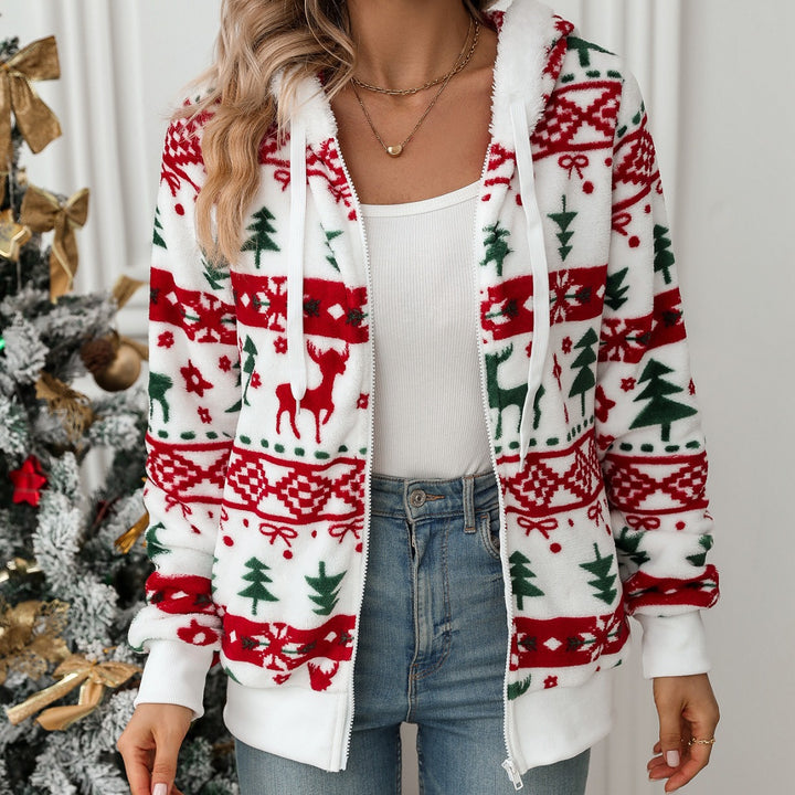 Veste Femme – Cardigan Zippé Doux Motif Noël Mi-longue