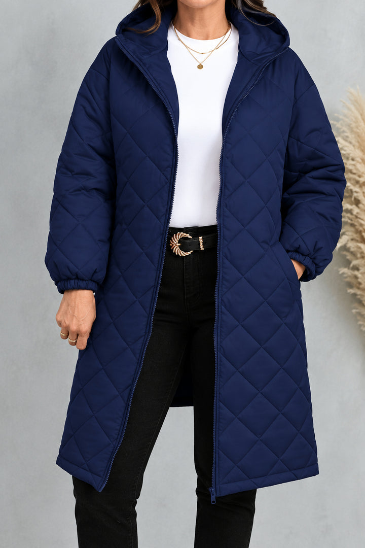 Manteau Long Matelassé à Capuche Femme – Coupe Décontractée Zippée