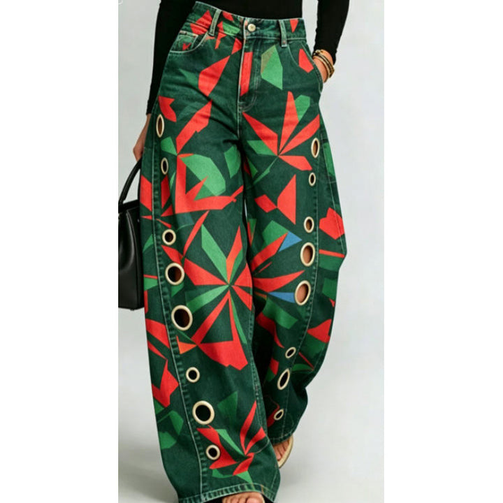 Pantalon Femme Taille Haute Jambe Large – Imprimé Graphique et Anneau