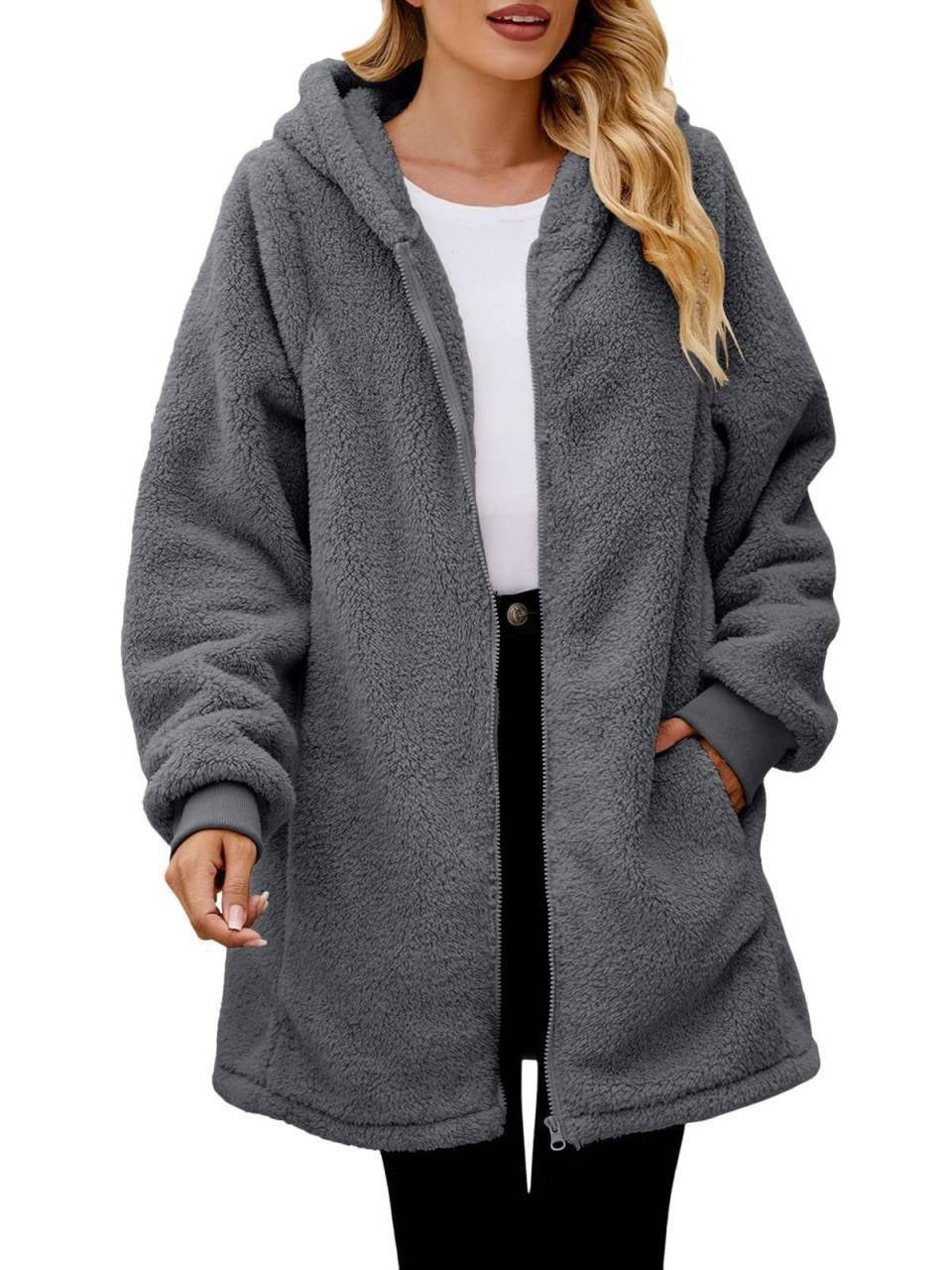 Manteau Cardigan Femme à Capuche Zippé Effet Velours – Coupe Décontractée
