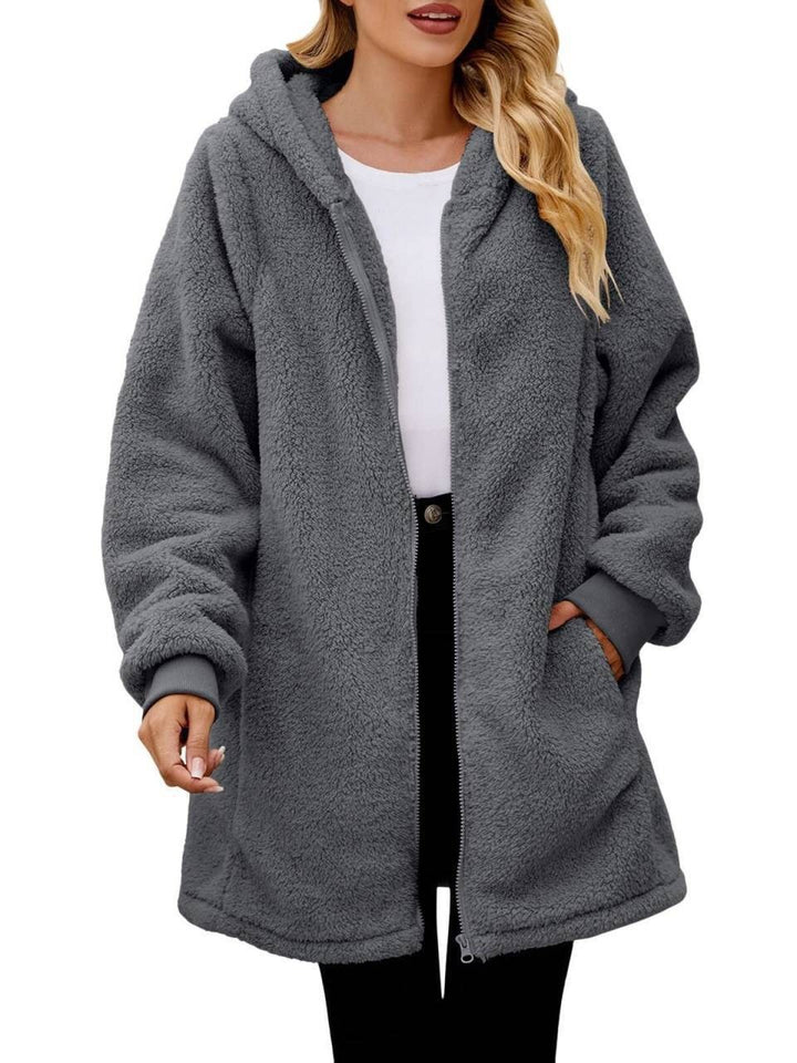 Manteau Cardigan Femme à Capuche Zippé Effet Velours – Coupe Décontractée