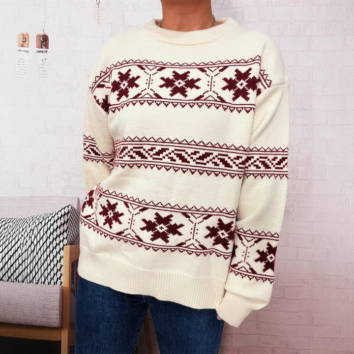 Pull Femme Jacquard Flocon – Col Rond Coupe Ample