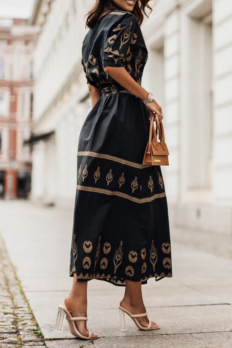Abito midi boho donna in tessuto leggero – vita definita silhouette fluida
