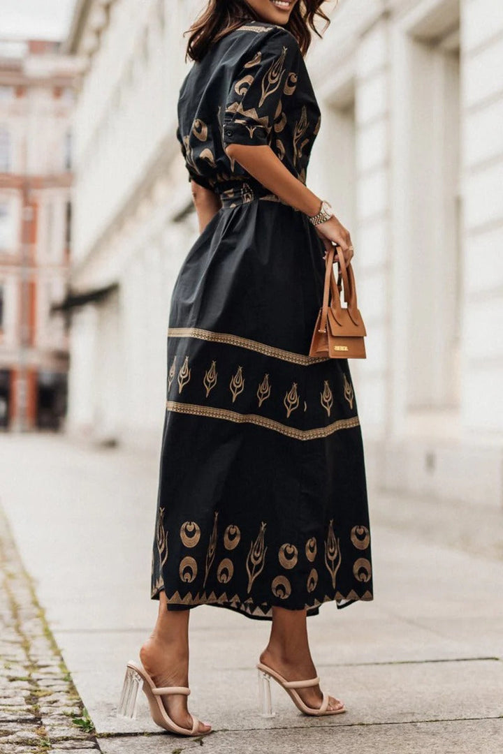 Abito midi boho donna in tessuto leggero – vita definita silhouette fluida