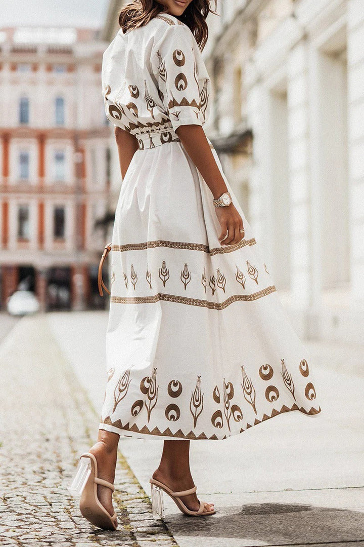 Abito midi boho donna in tessuto leggero – vita definita silhouette fluida