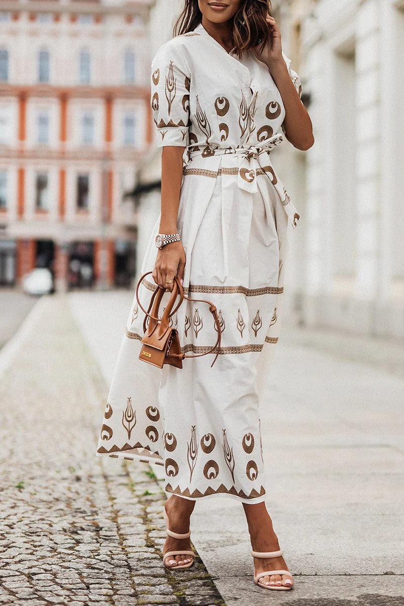 Abito midi boho donna in tessuto leggero – vita definita silhouette fluida