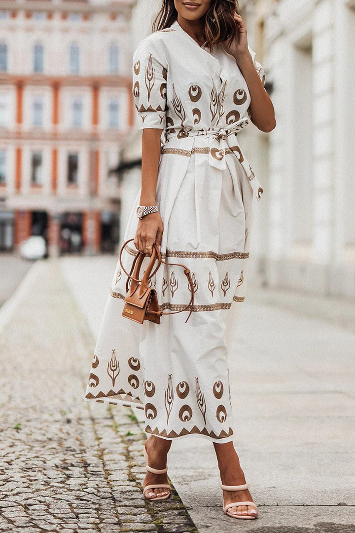 Abito midi boho donna in tessuto leggero – vita definita silhouette fluida