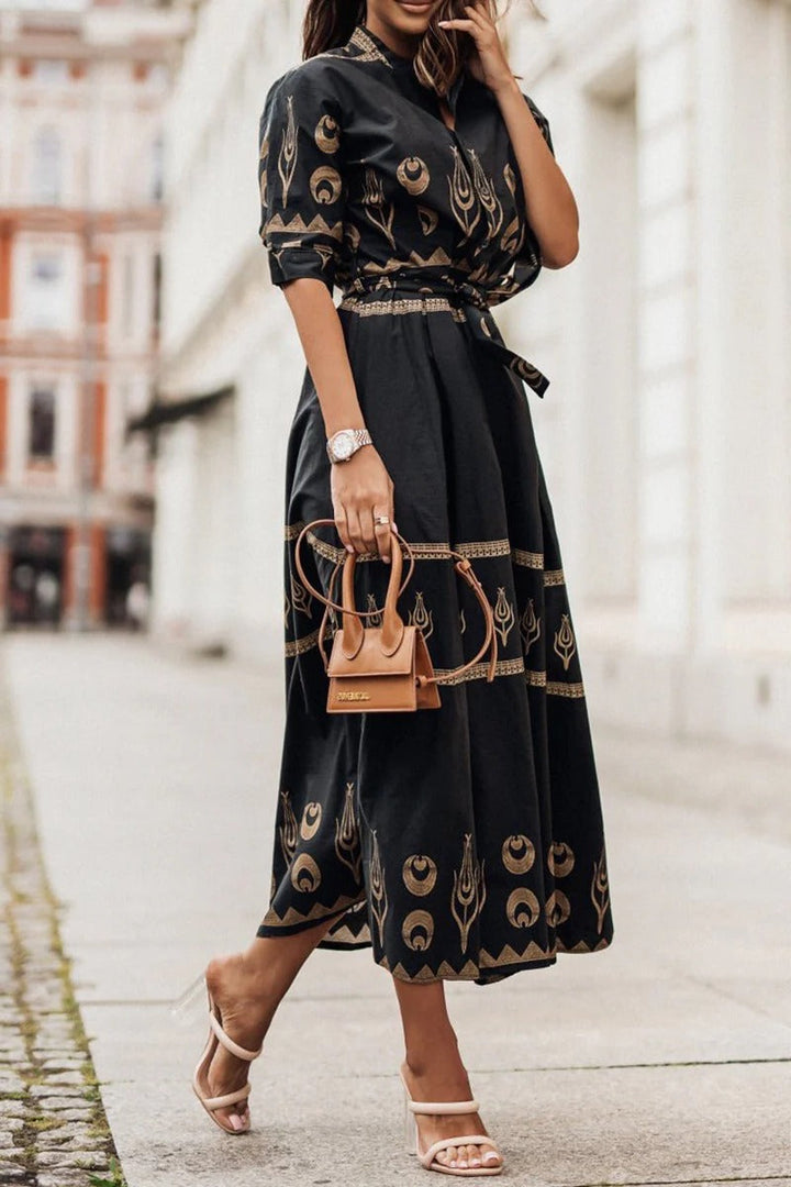 Abito midi boho donna in tessuto leggero – vita definita silhouette fluida