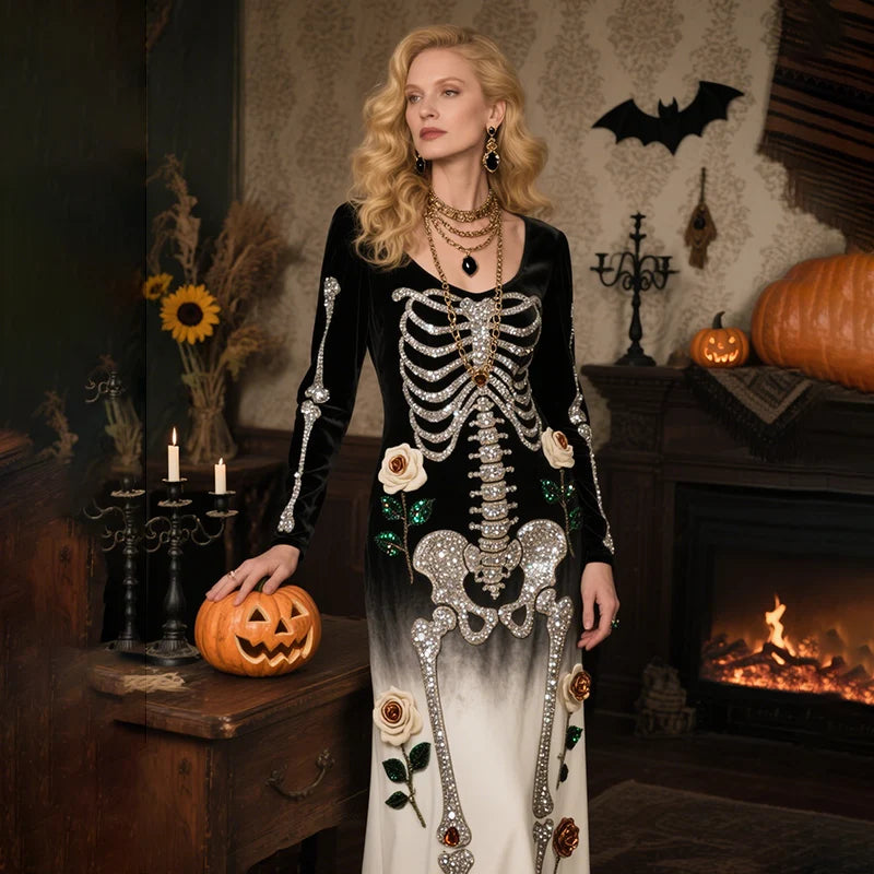 Damenkleid Maxi mit Halloween-Hexenmotiv – Gerader Schnitt für den Herbst