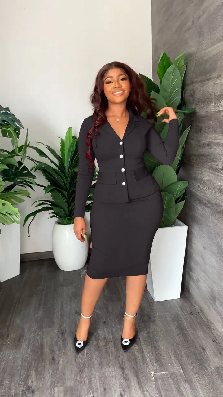 Tailleur Deux Pièces Femme – Veste Col Chemise &amp; Jupe Mi-Longue