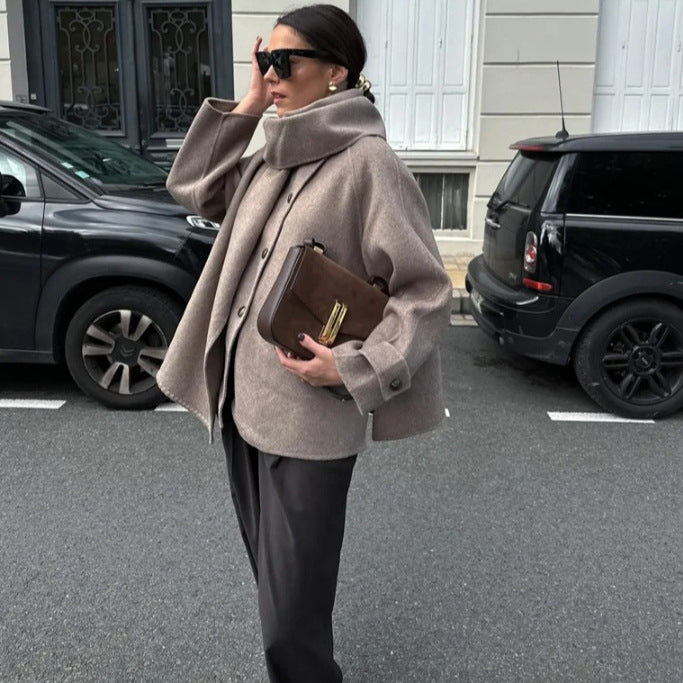 Manteau Court Femme Col Écharpe Amovible – Coupe Large