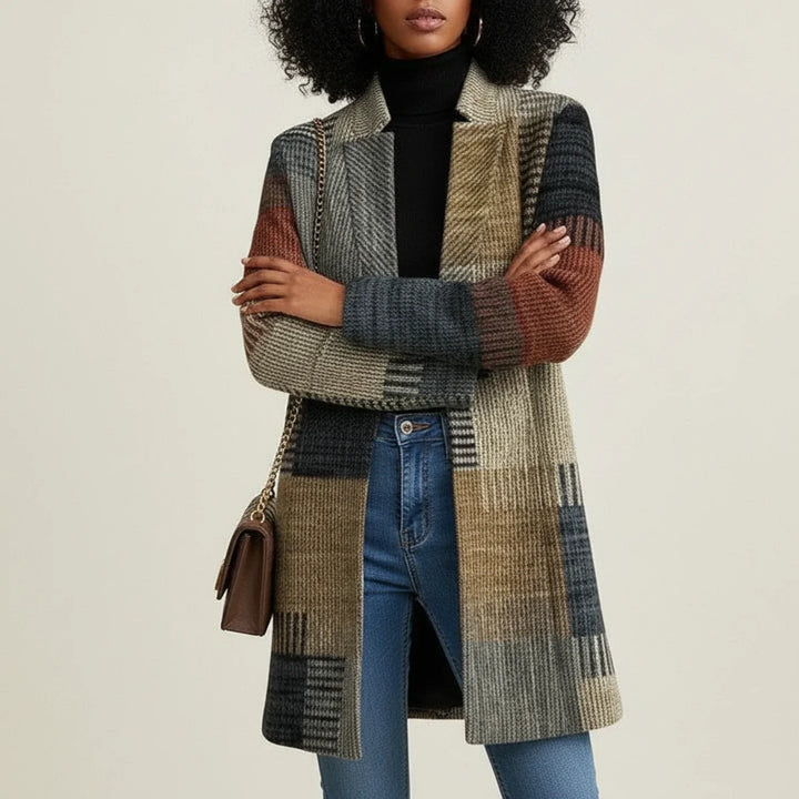 Damenmantel – strukturiertes Karomuster im Patchwork-Stil, Reverskragen