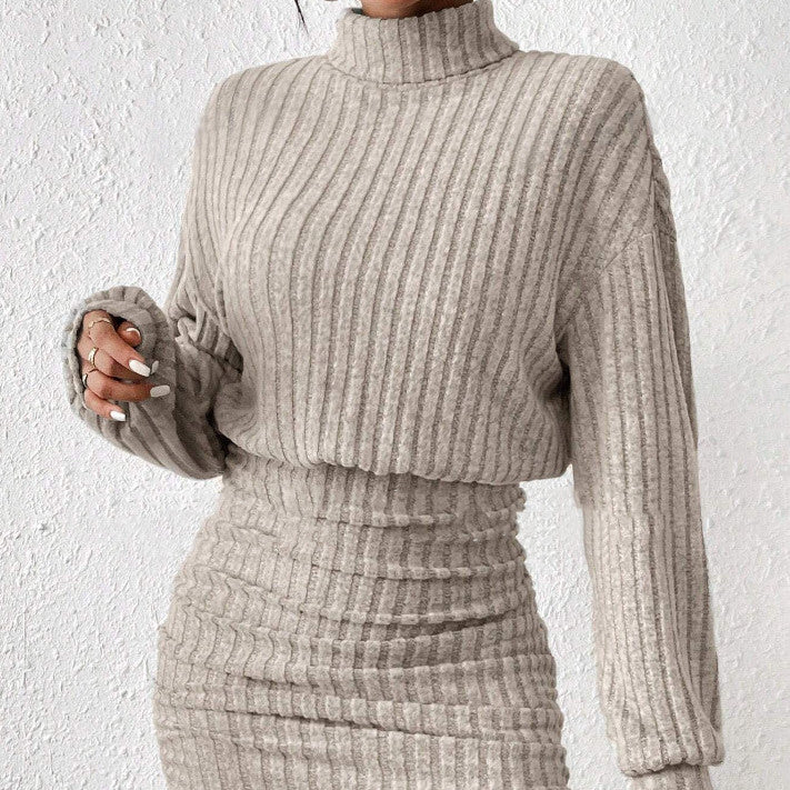 Damen-Set aus geripptem Strick – Langarm, Stehkragen