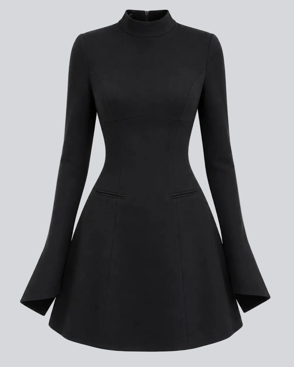 Damen-Minikleid in A-Linie mit langen Ärmeln – hohe Taille, rückenfrei