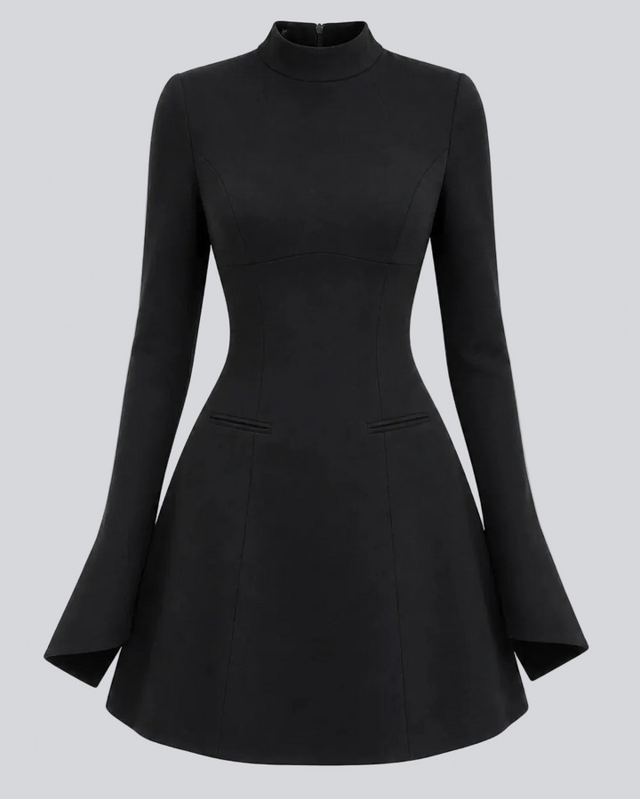 Damen-Minikleid in A-Linie mit langen Ärmeln – hohe Taille, rückenfrei