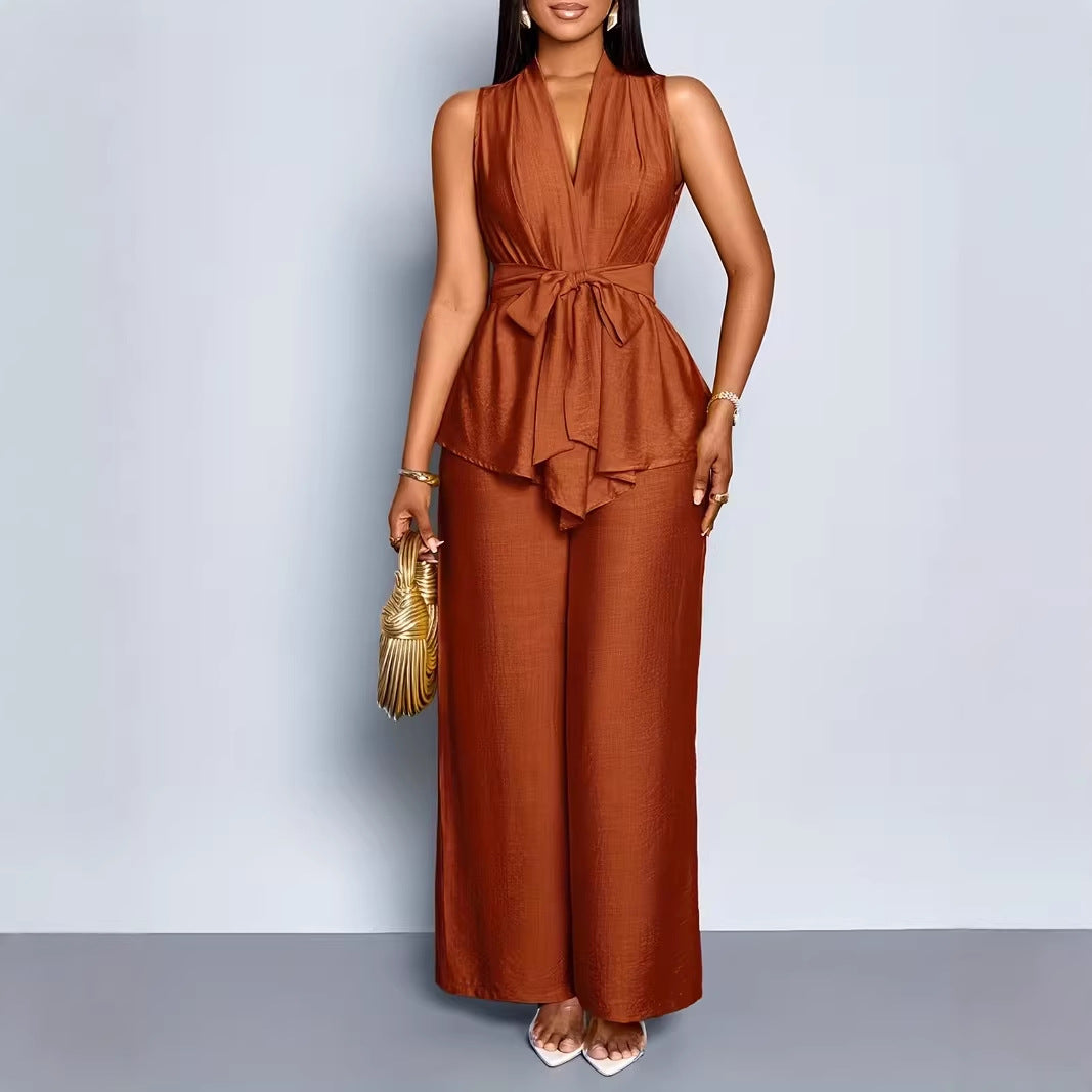 Damen-Set: asymmetrisches ärmelloses Top mit V-Ausschnitt und weit geschnittene Hose