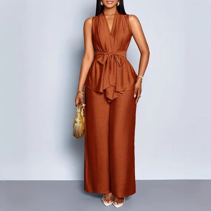 Damen-Set: asymmetrisches ärmelloses Top mit V-Ausschnitt und weit geschnittene Hose