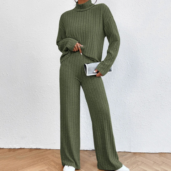 Ensemble Deux Pièces Femme en Maille – Pull Col Roulé et Pantalon Large