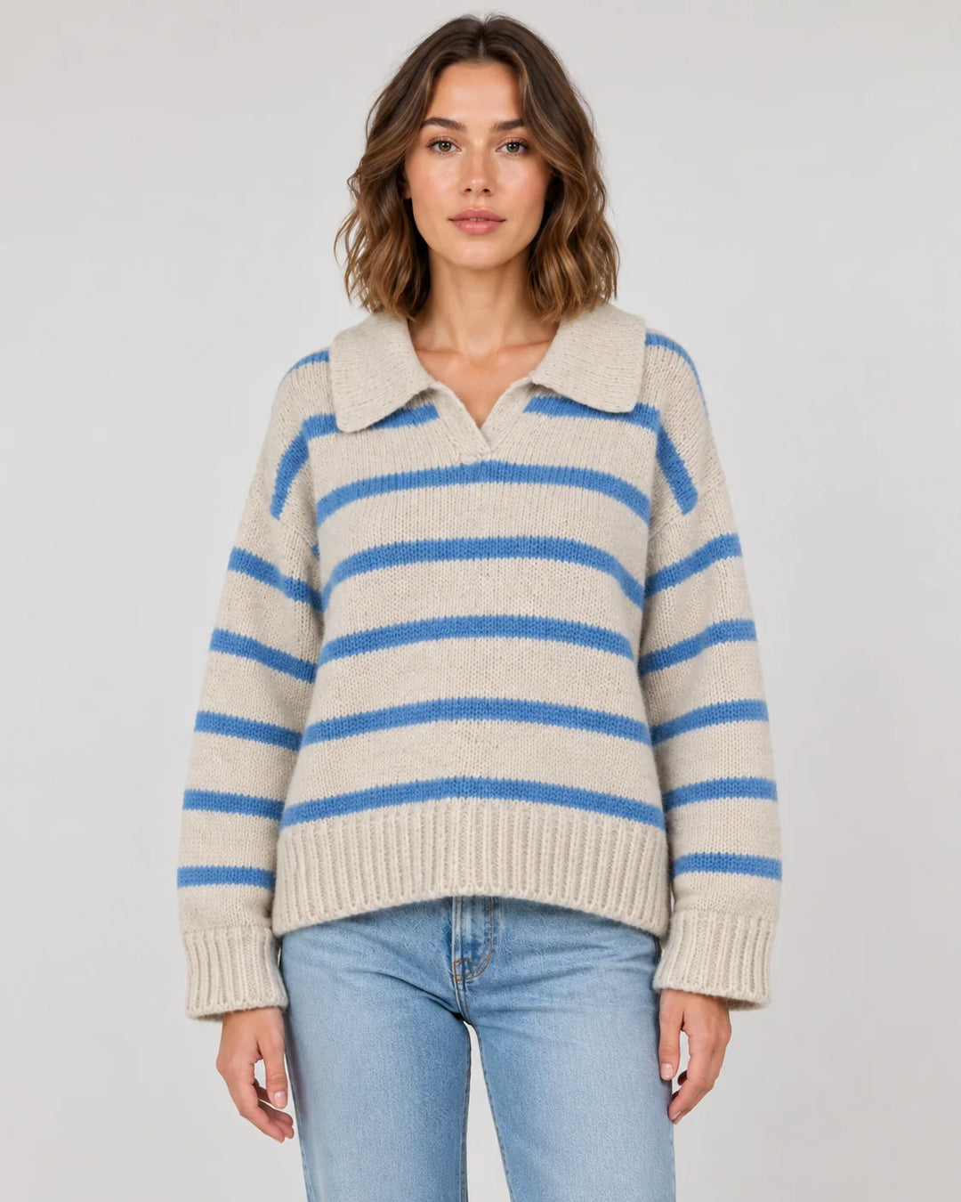 Pull Femme Rayé en Maille – Col Polo Coupe Décontractée