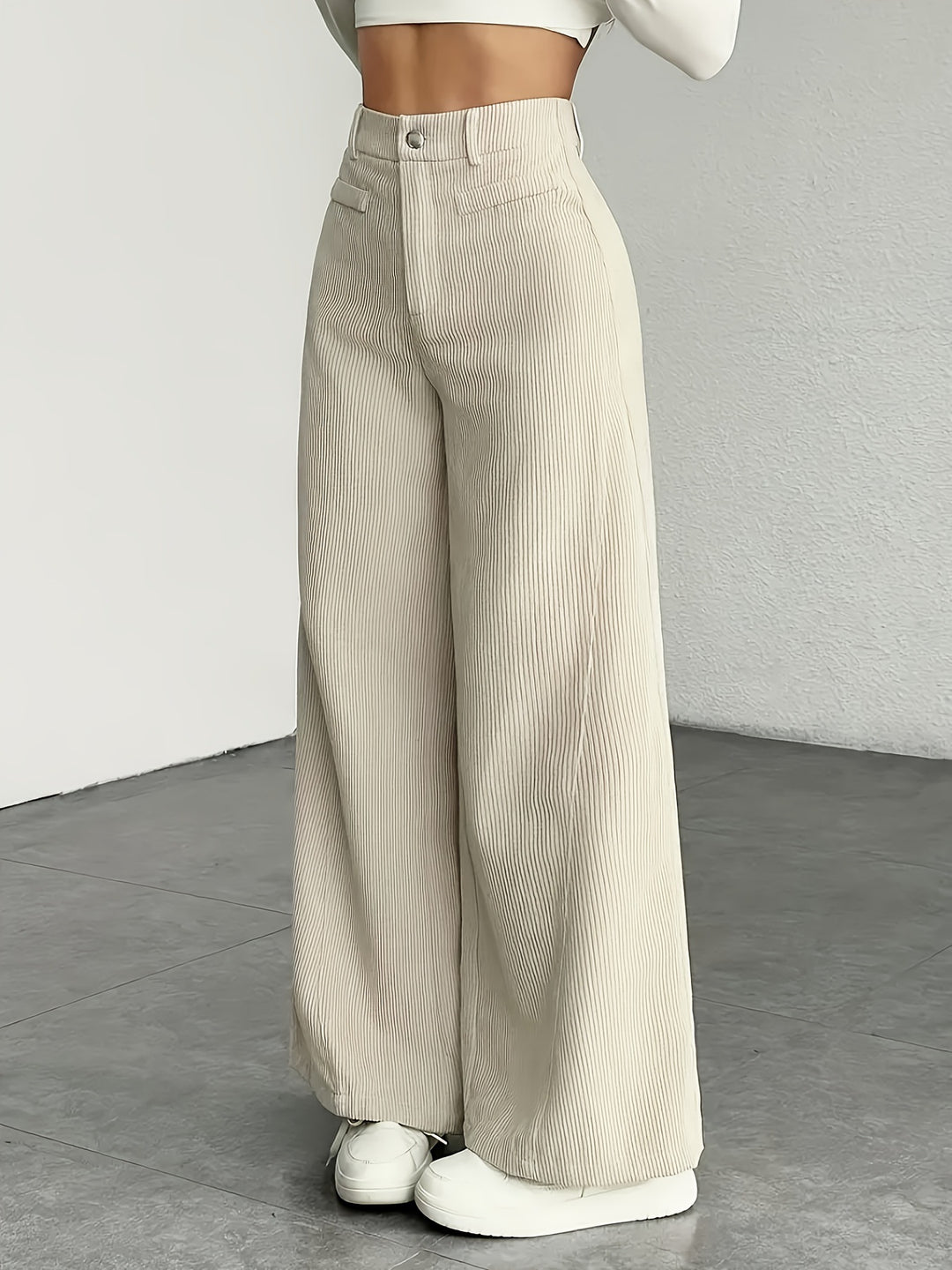 Pantalon Femme Taille Haute Jambe Large – Rayures Verticales Élégantes