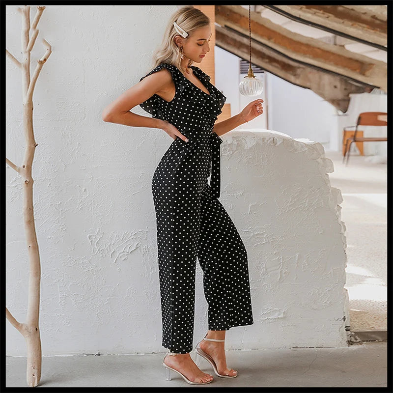 Combinaison Femme – Imprimé Pois, Encolure Volantée, Taille à Nouer