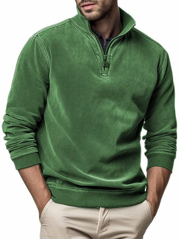 Sweatshirt til mænd med halv lynlås og høj krave - diskret påsyet lomme