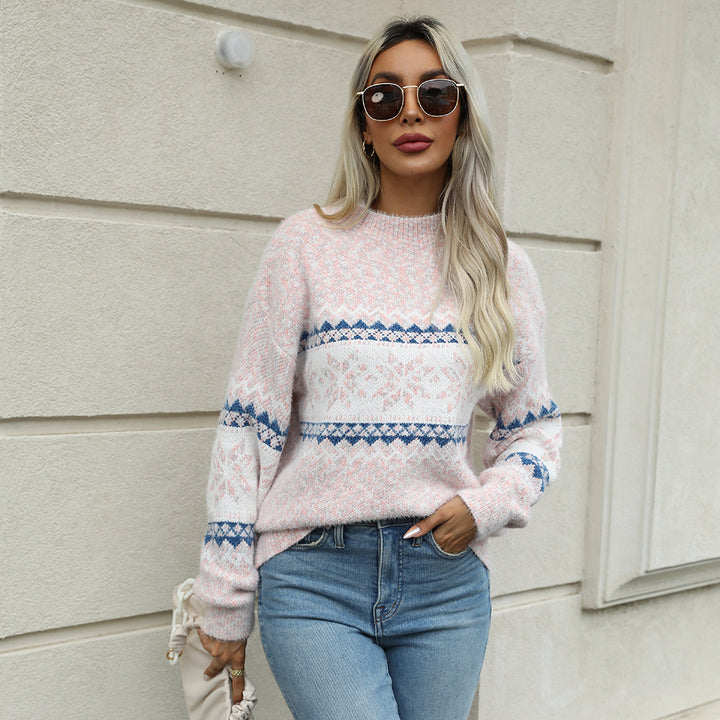 Pull Femme Maille – Motif Nordique à Flocons, Col Montant Demi
