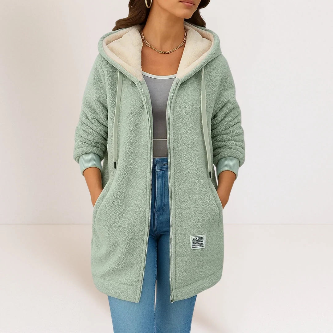 Manteau Femme Doublé Polaire – Coupe Mi-Longue à Capuche