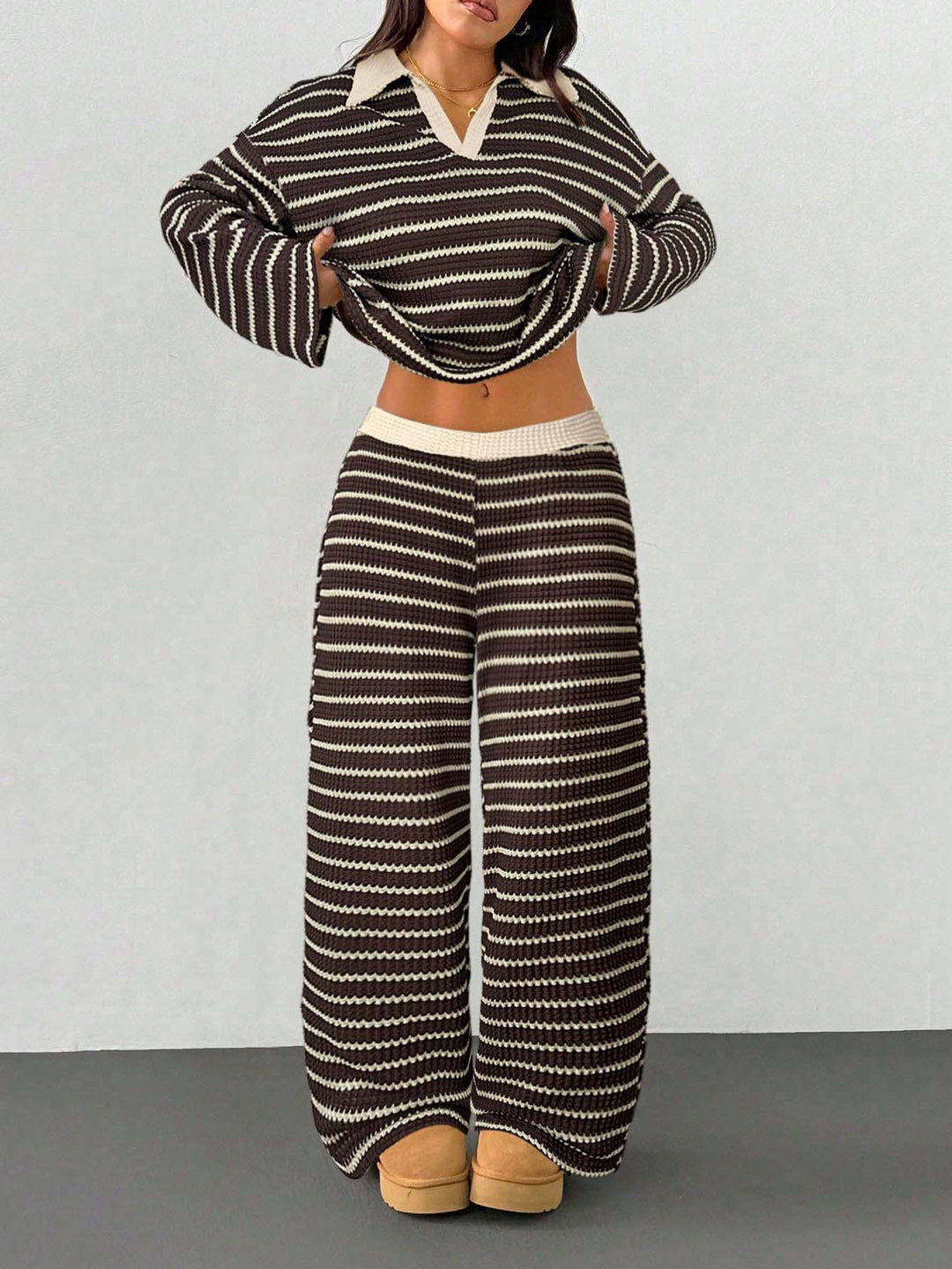 Ensemble Deux Pièces Femme Rayé – Maille Décontractée Pantalon Large