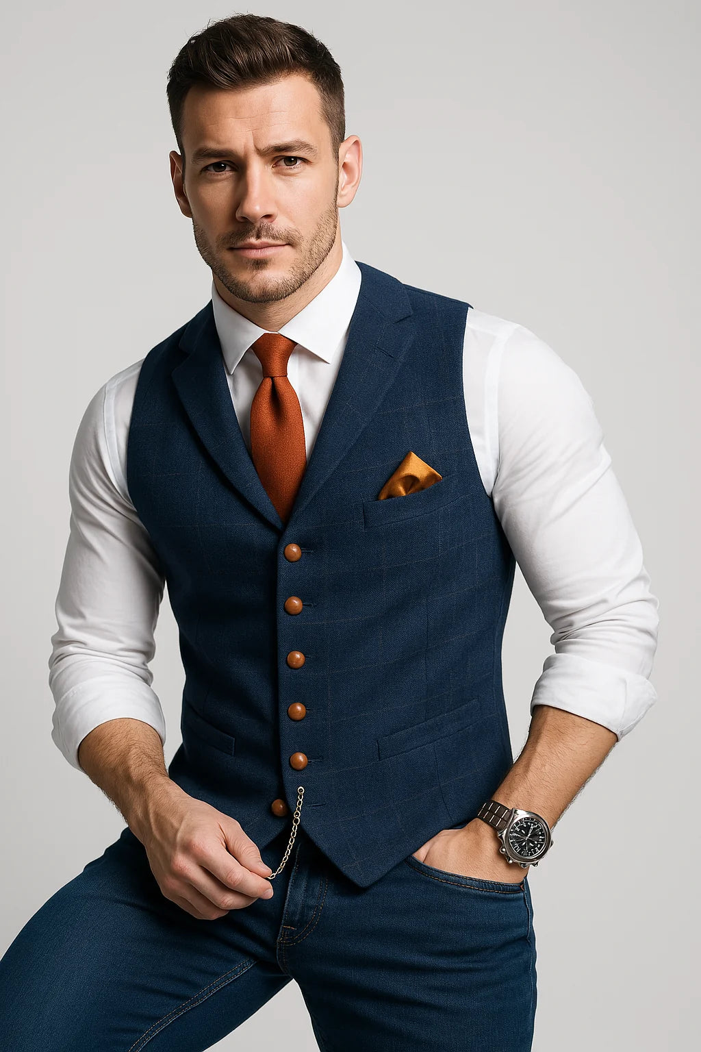 Gilet Homme Slim à Carreaux – Col à Revers Élégant