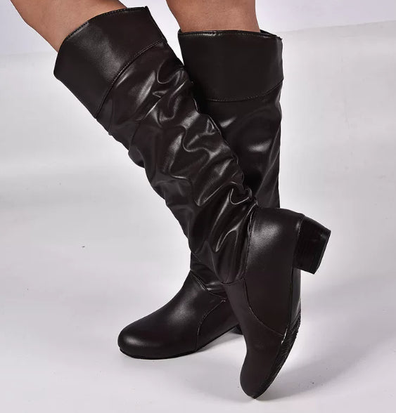 Bottes Hautes Femme à Talon Plat – Tige Plissée et Bout Rond