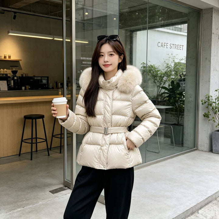 Manteau Femme Capuche Ceinturé – Col Fourrure Amovible, Taille Cintrée