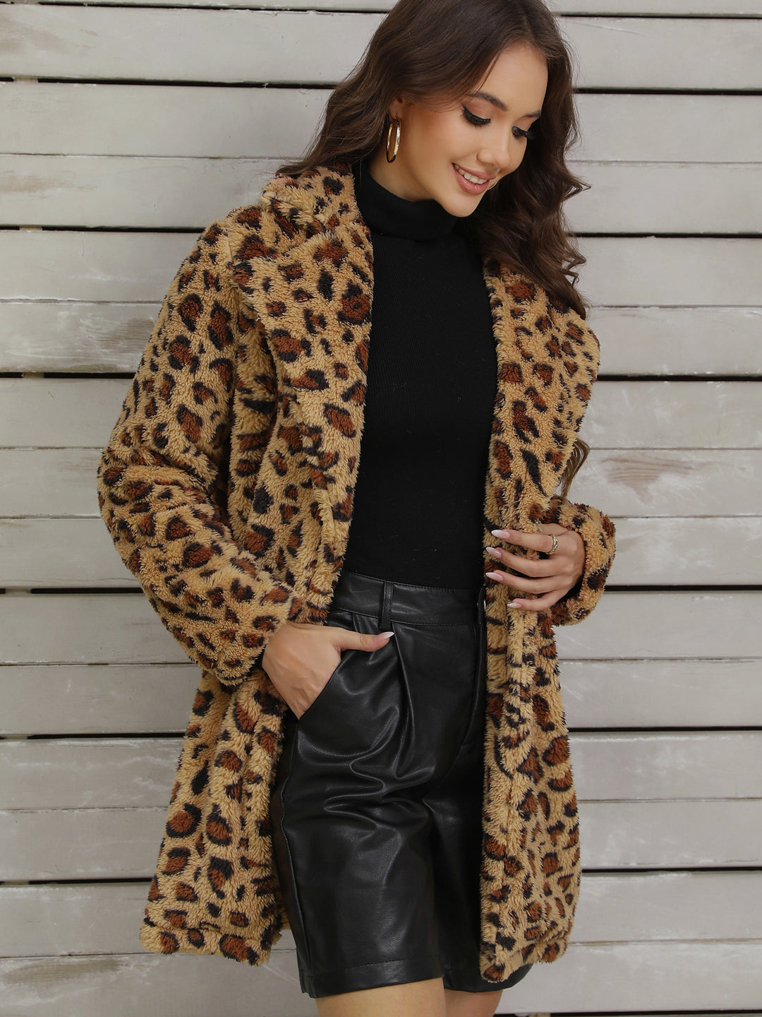 Manteau Femme Long Ligne Effet Peluche – Coupe Décontractée Imprimé Léopard