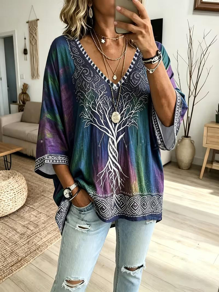 Blouse Femme Col V Ample – Manches Chauve-Souris Imprimé Dégradé
