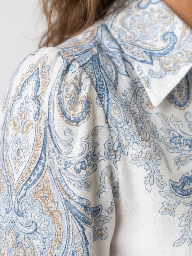 Robe Femme Maxi Imprimée – Col à Revers Manches Lanternes