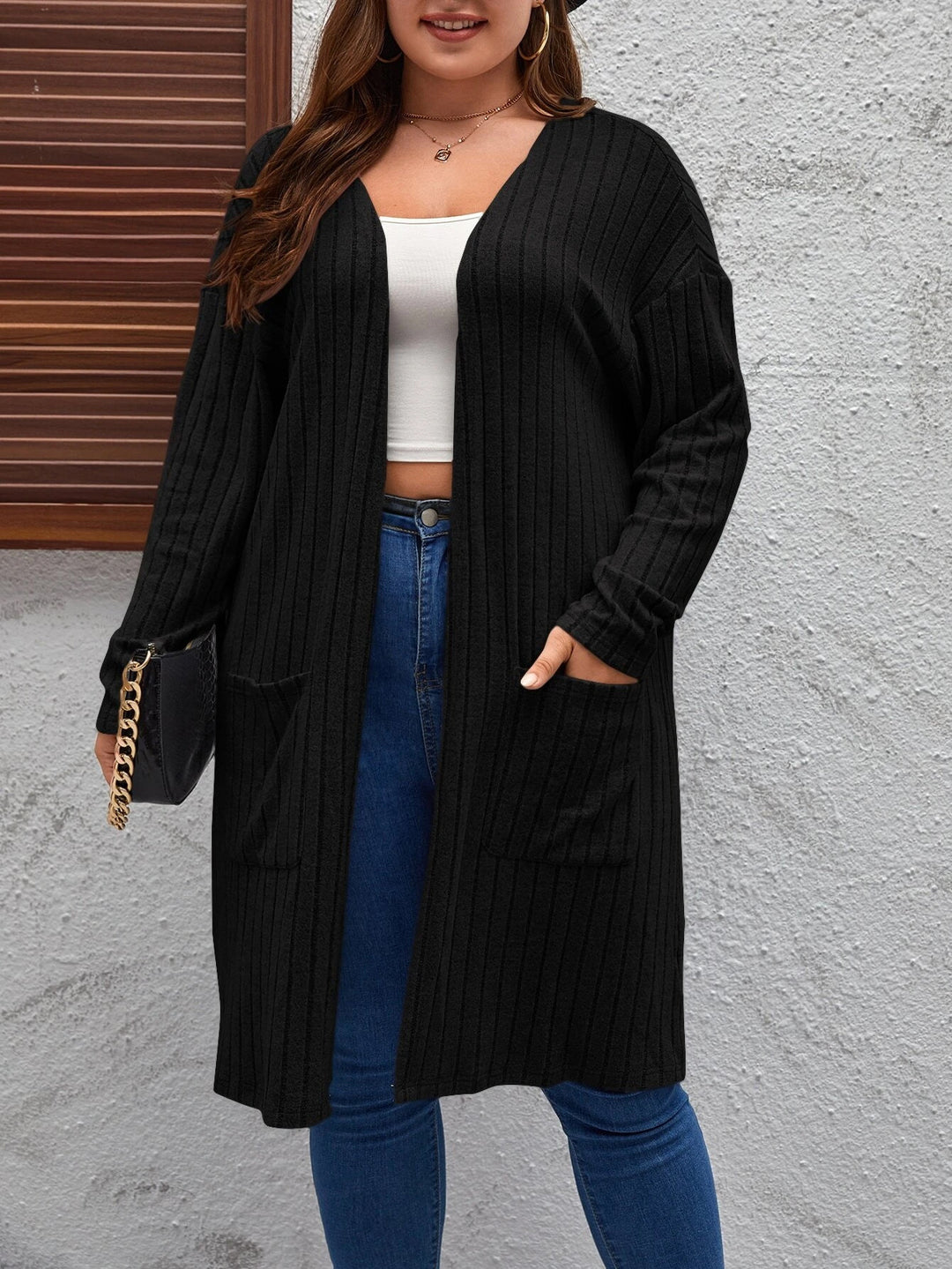 Cardigan Femme en Maille Côtelée – Coupe Longue Décontractée avec Poches