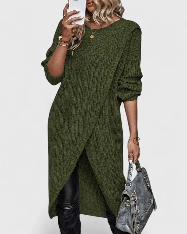 Mittellanges Damen-Strickkleid – Taillierter Wickelschnitt