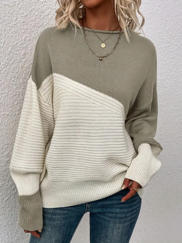 Pull Femme en Maille – Coupe Ample à Blocs de Couleur