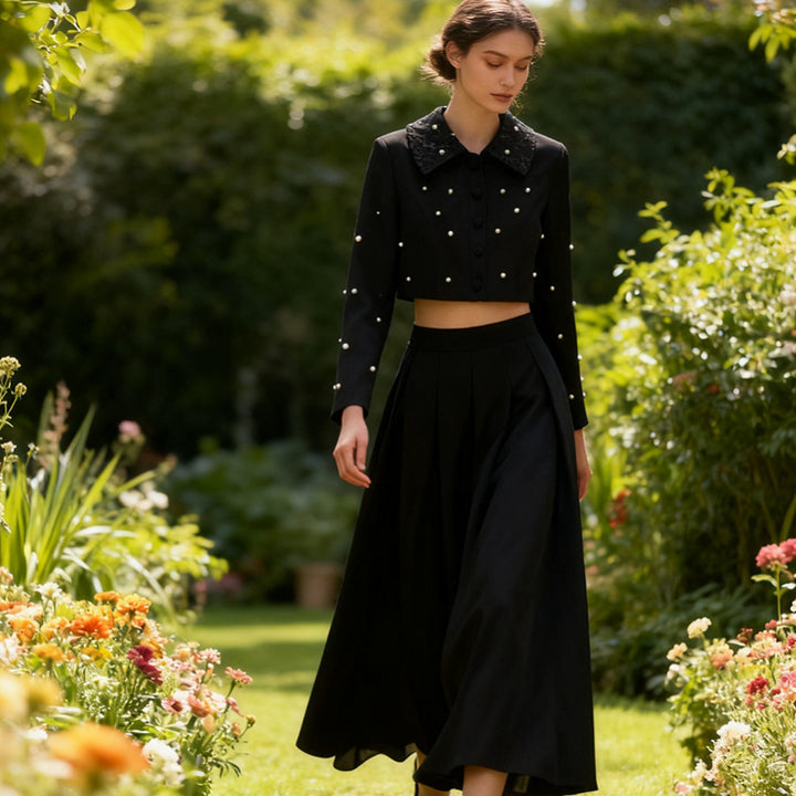 Damen-Zweiteiler – Perlenbesetztes Crop-Top und hoch taillierter Rock