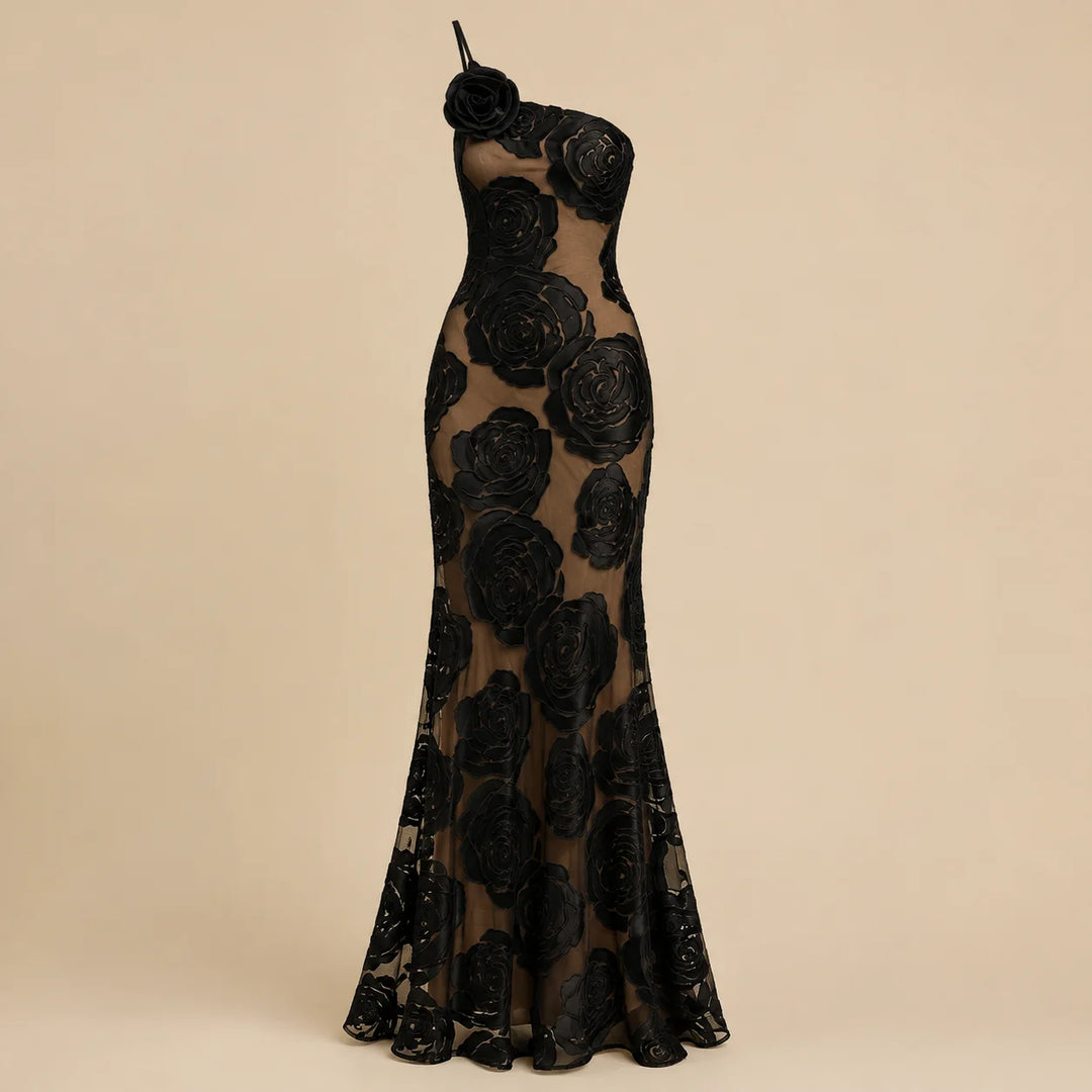 Robe Femme Longue – Épaule Asymétrique avec Fleur