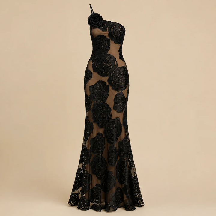 Robe Femme Longue – Épaule Asymétrique avec Fleur