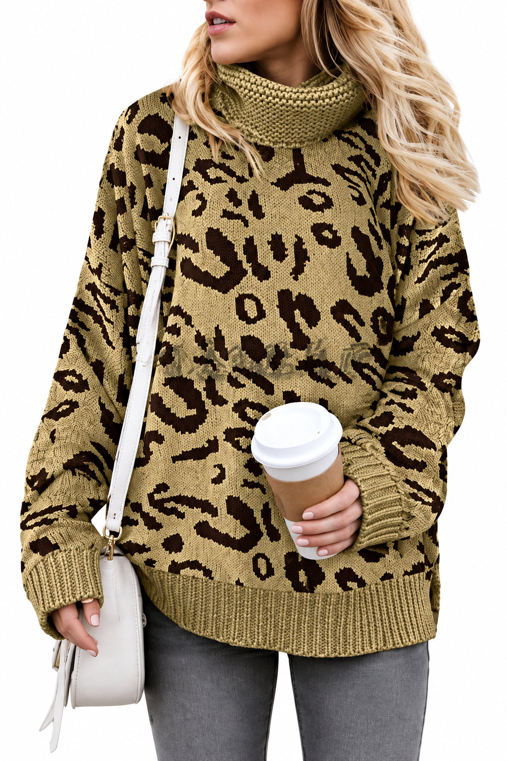 Pull Femme Motif Léopard en Maille – Coupe Ample Col Montant