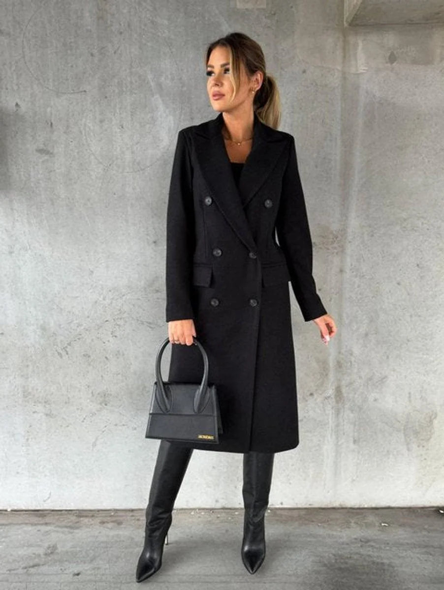Manteau Long Femme – Coupe Droite Structurée à Double Boutonnage