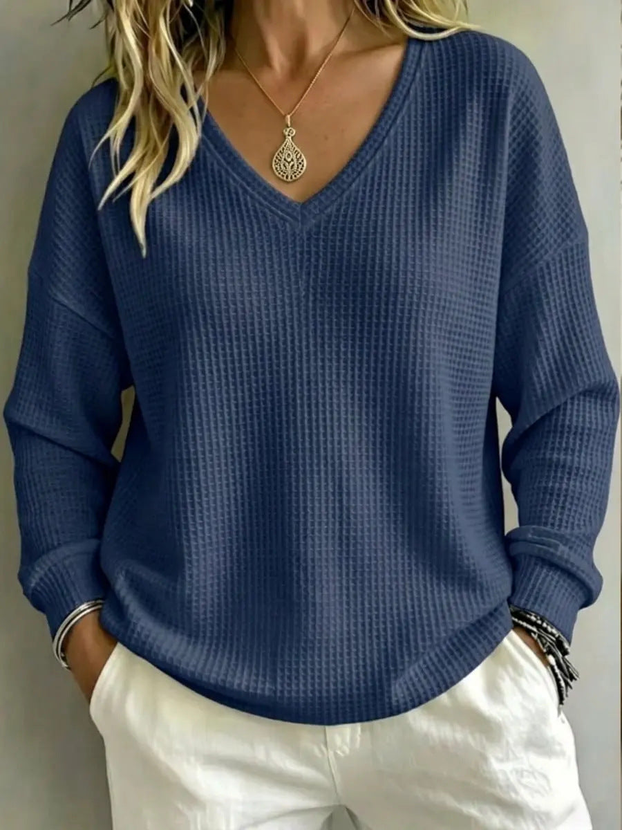 Top til dame med V-udskæring – Afslappet sweater med lange ærmer