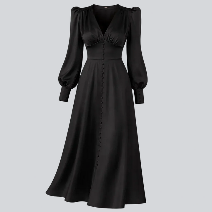 Satin-Midikleid für Damen – Laternenärmel, taillierter Schnitt