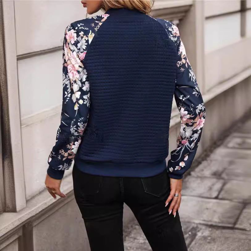 Blouson Femme Bomber Imprimé – Manches Raglan Florales, Zippé