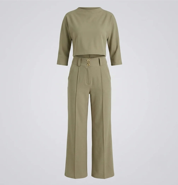 Conjunto de dos piezas para mujer – Top corto acampanado y pantalón ancho de talle alto